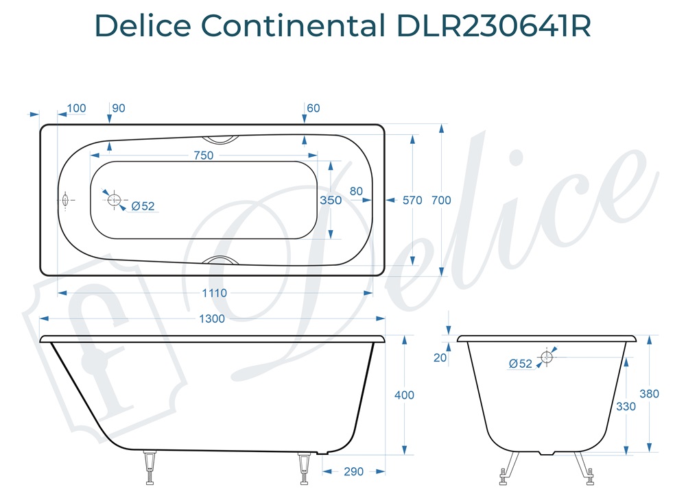 Ванна чугунная Delice Continental 130х70 DLR230641R с отверстиями под ручки