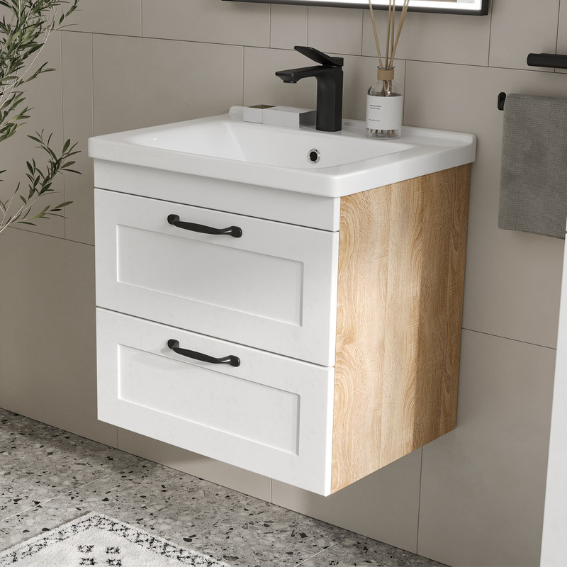 Тумба с раковиной EQUIL Lago 60 подвесная, 2 ящика, белый/дерево