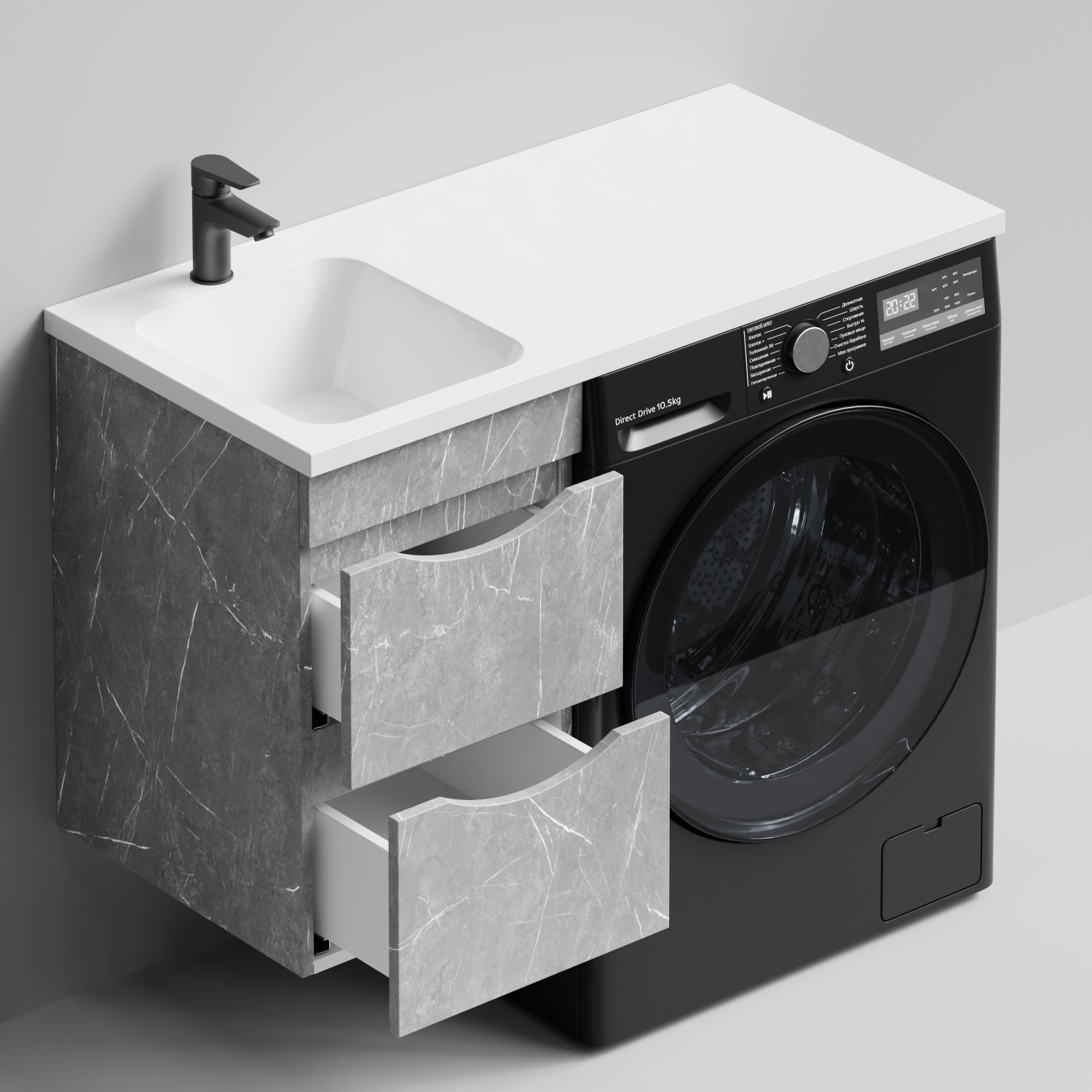 Тумба Vod-ok 38 с раковиной Смайл 100 подвесная, под стиральную машину, левая, Мрамор Белый софт тач