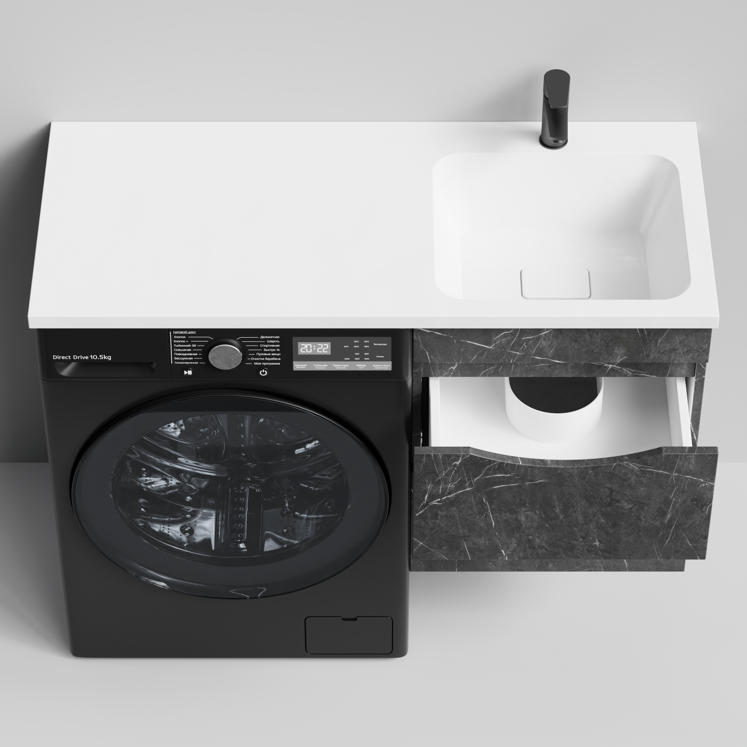 Тумба Vod-ok 48 с раковиной Смайл 110 подвесная, под стиральную машину, правая, Мрамор Графит софт тач