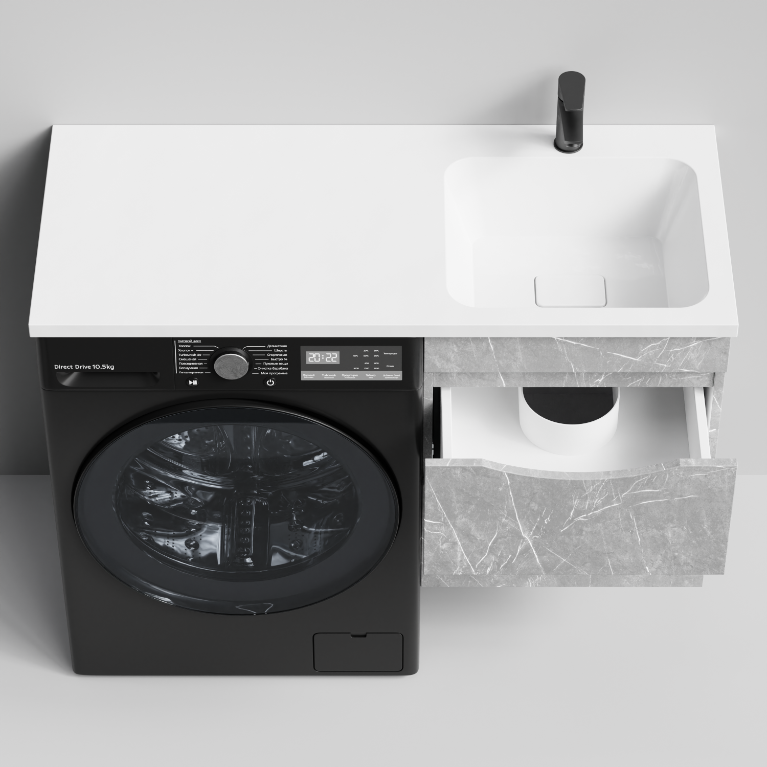 Тумба Vod-ok 48 с раковиной Смайл 110 подвесная, под стиральную машину, правая, Мрамор Белый софт тач