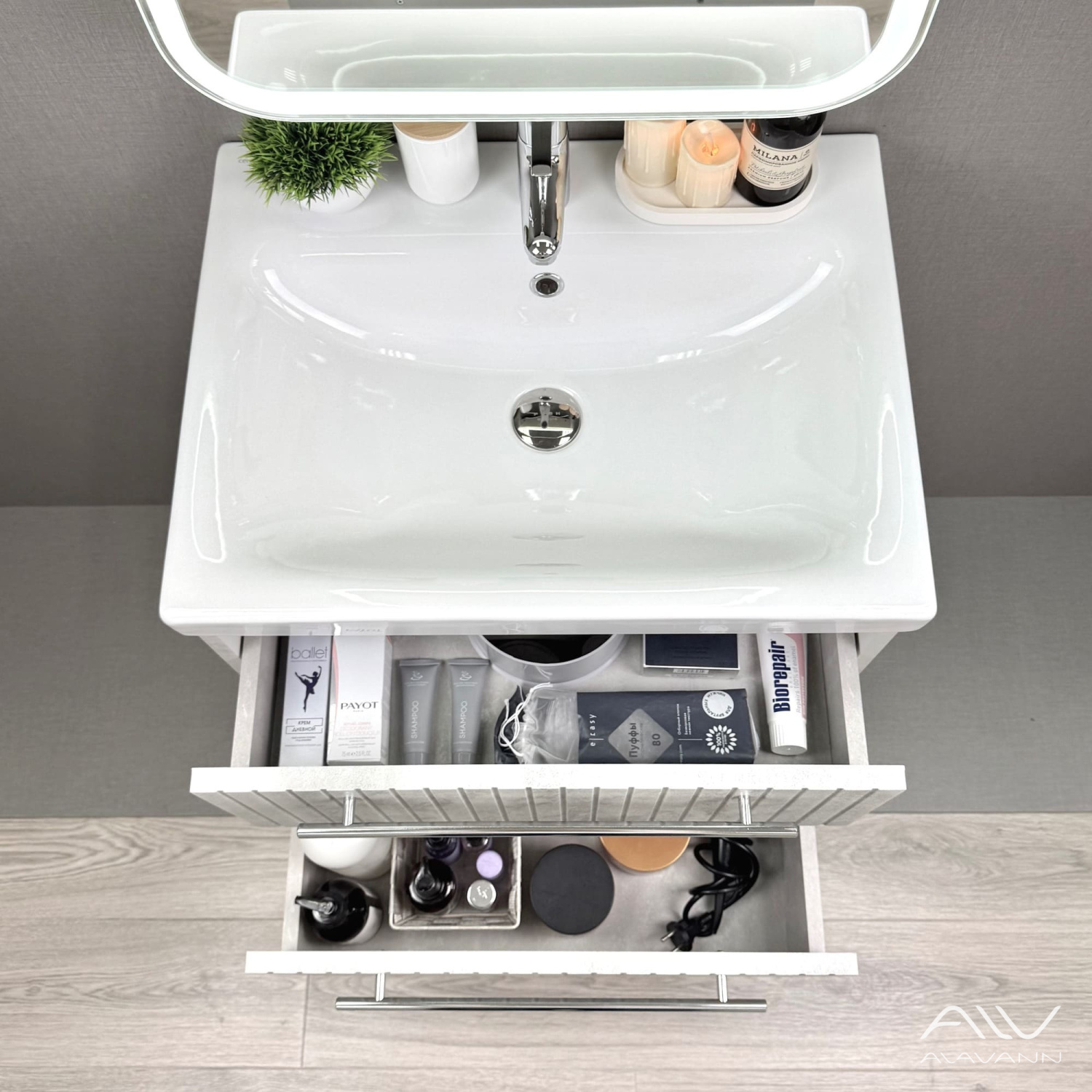 Тумба подвесная Alavann Emma 60 с раковиной Moduo 60, серый бетон