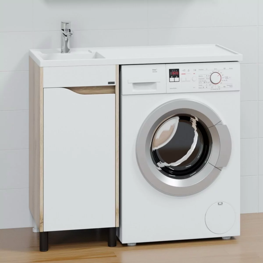 Тумба напольная Санта Сатурн 38 с раковиной Лидер 100 под стиральную машину, L левая, дуб австрийский с белым