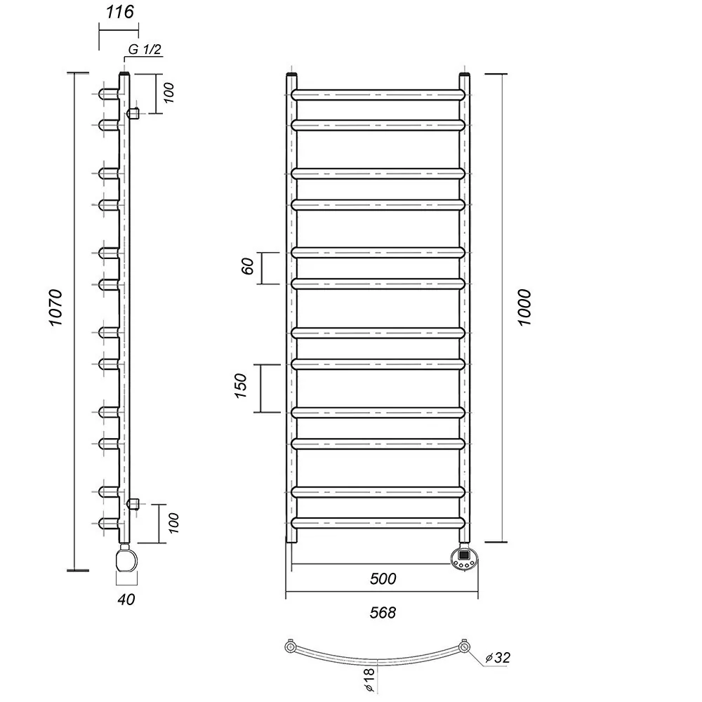 Полотенцесушитель электрический Domoterm Калипсо П12 500x1000 ER правый, хром