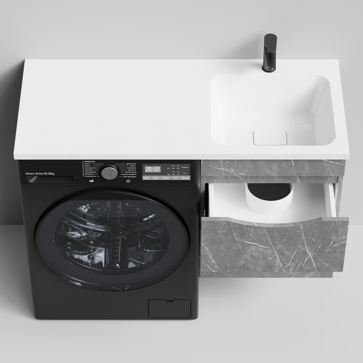 Тумба Vod-ok 48 с раковиной Смайл 110 подвесная, под стиральную машину, правая, Мрамор Серый софт тач