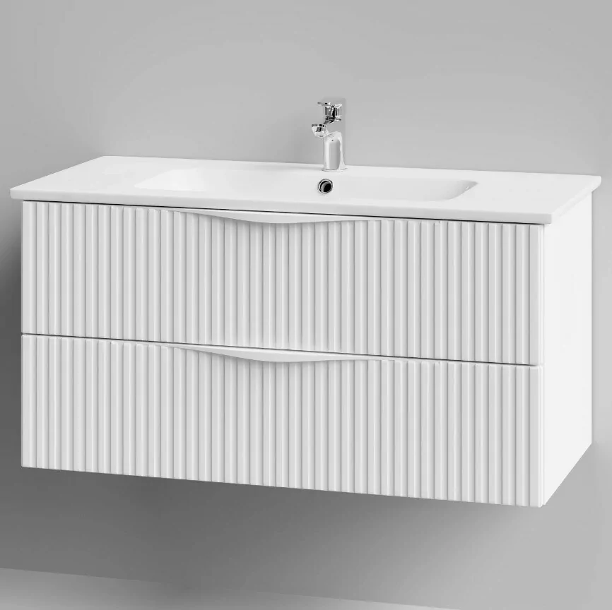 Тумба с раковиной Vod-ok Elite Эйфория 100 F6 полосы вертикальные, подвесная, два ящика, белый матовый