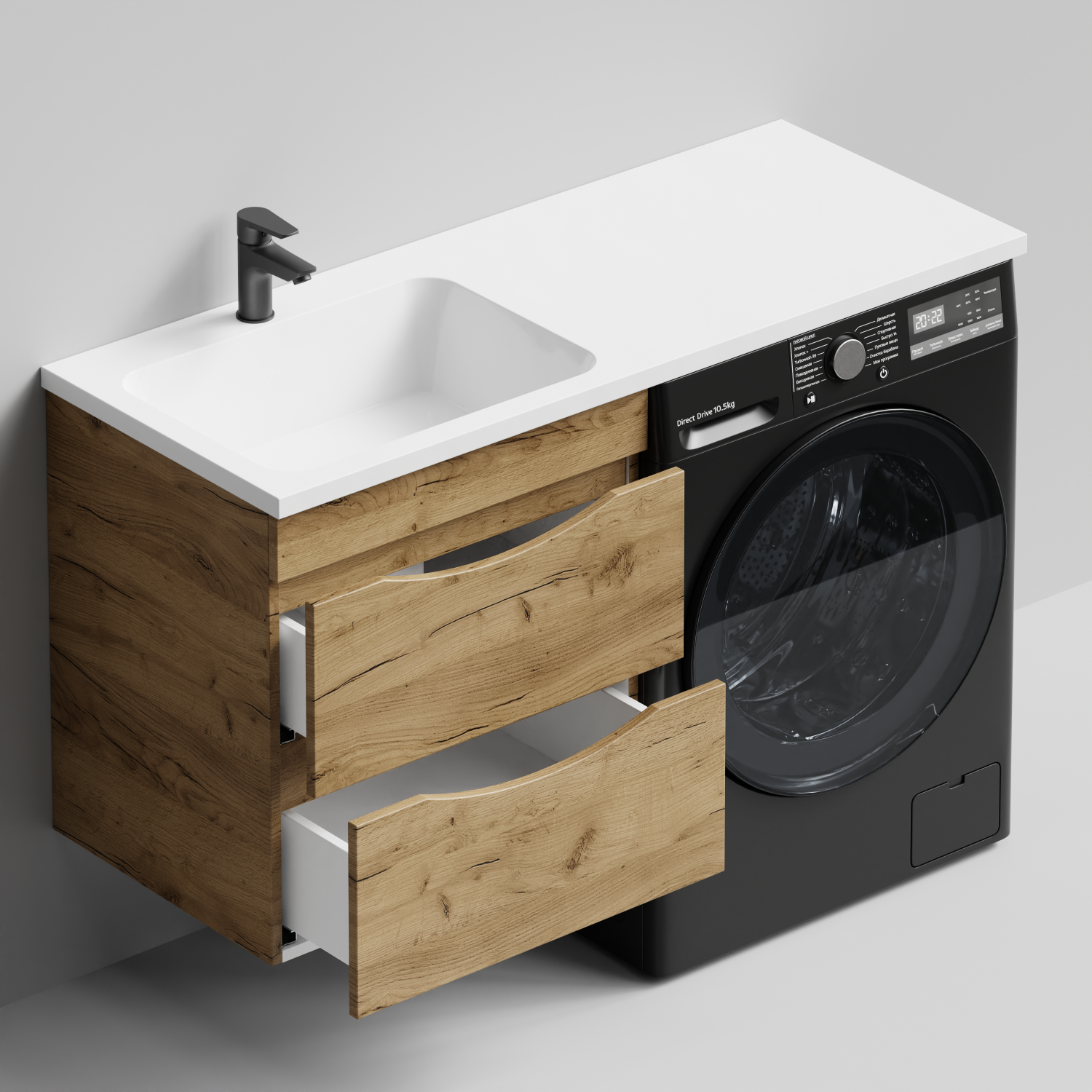 Тумба Vod-ok 58 с раковиной Смайл 120 подвесная, под стиральную машину, левая, Дуб Тортуга