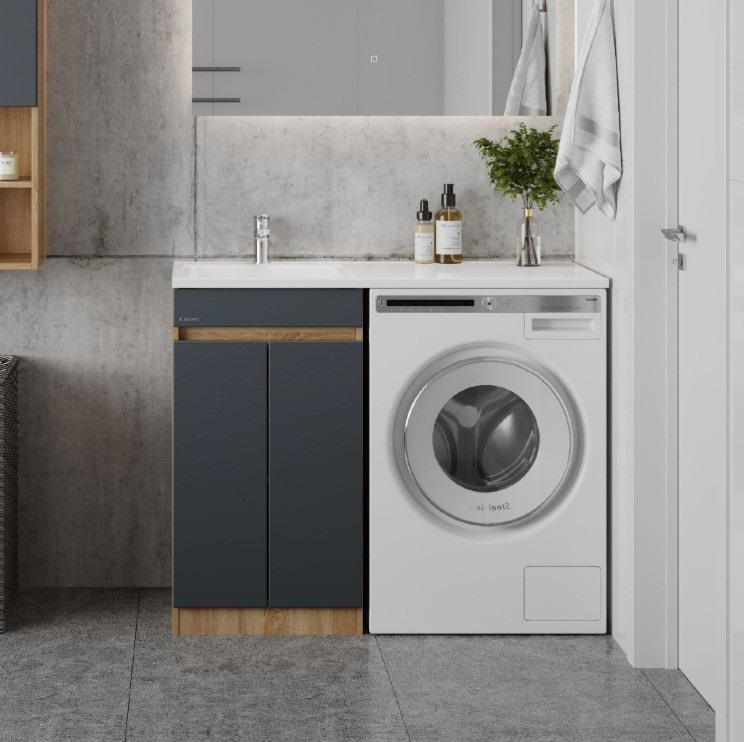 Тумба напольная Onika Милтон Нова 48 с раковиной Марсал 110 под стиральную машину, левая, серая/дуб сонома