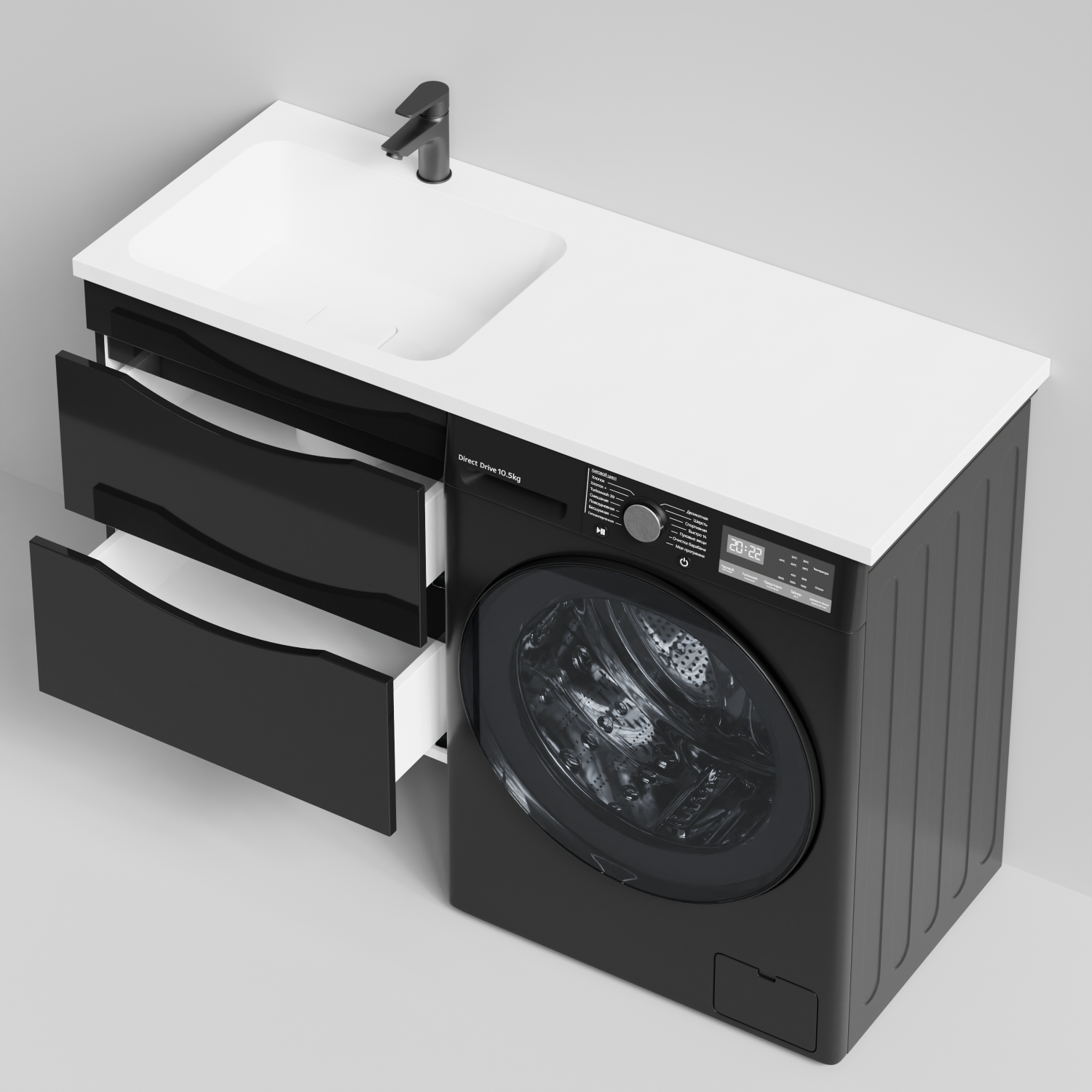 Тумба Vod-ok 58 с раковиной Смайл 120 подвесная, под стиральную машину, левая, черный глянец