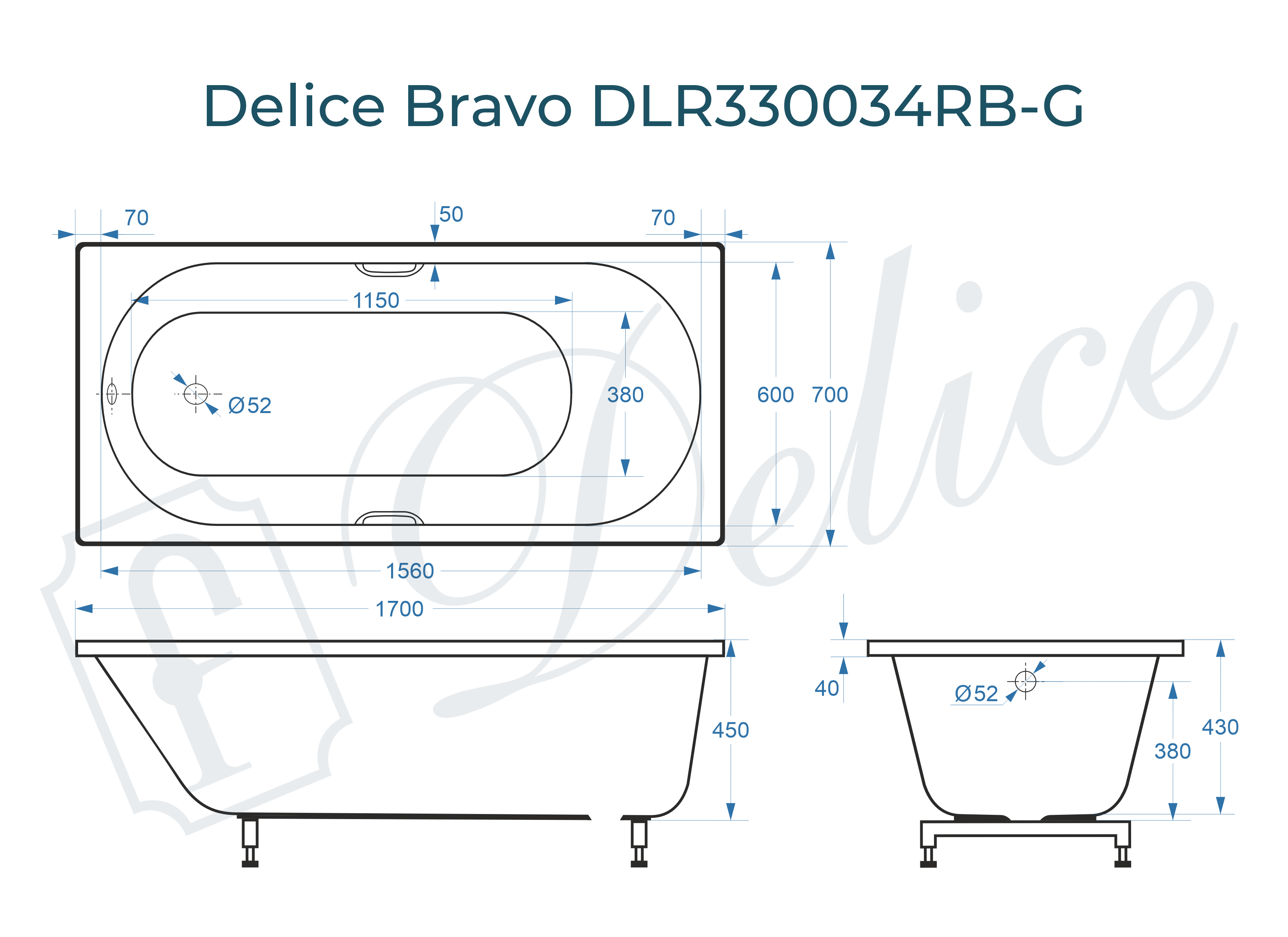 Ванна из литьевого мрамора Delice Bravo 170х70 глянцевая с черными ручками DLR330034RB-G