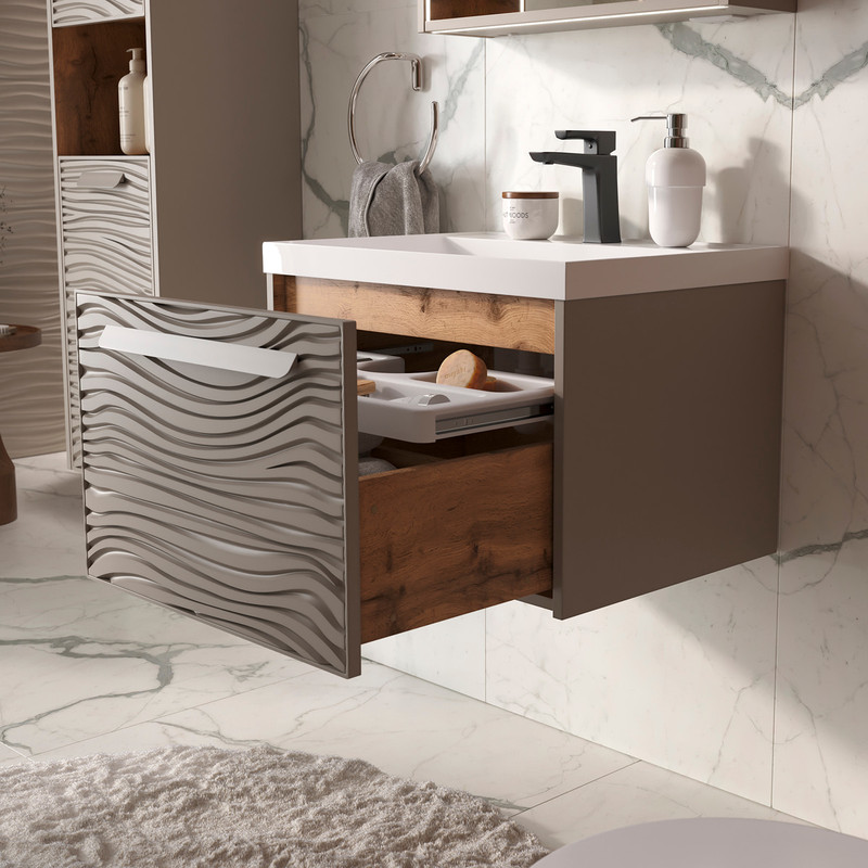 Тумба с раковиной EQUIL Gleam 60 подвесная, 1 ящик, амарок/дуб вотан