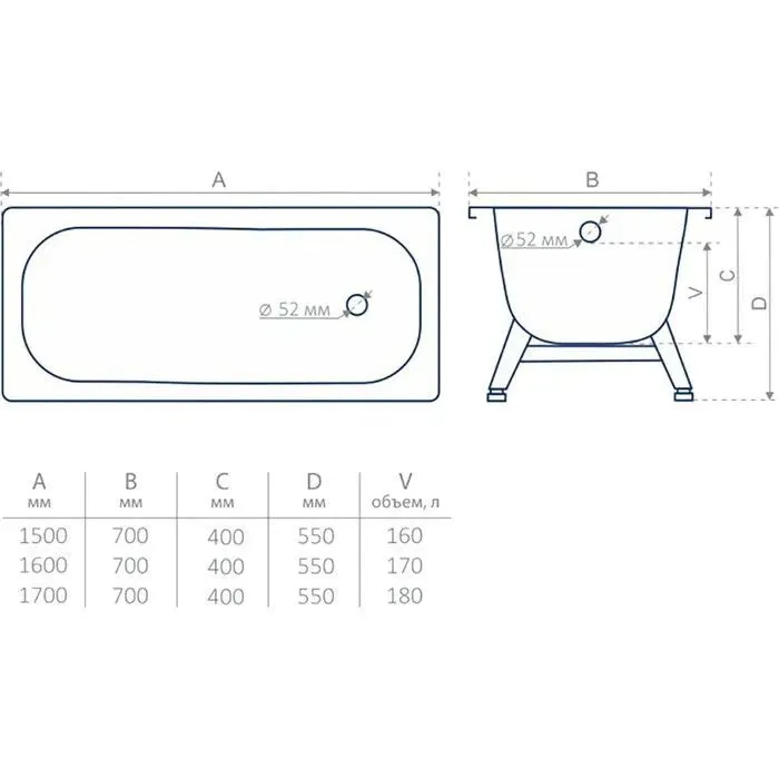 Ванна стальная Виз Tevro 160x70 на ножках