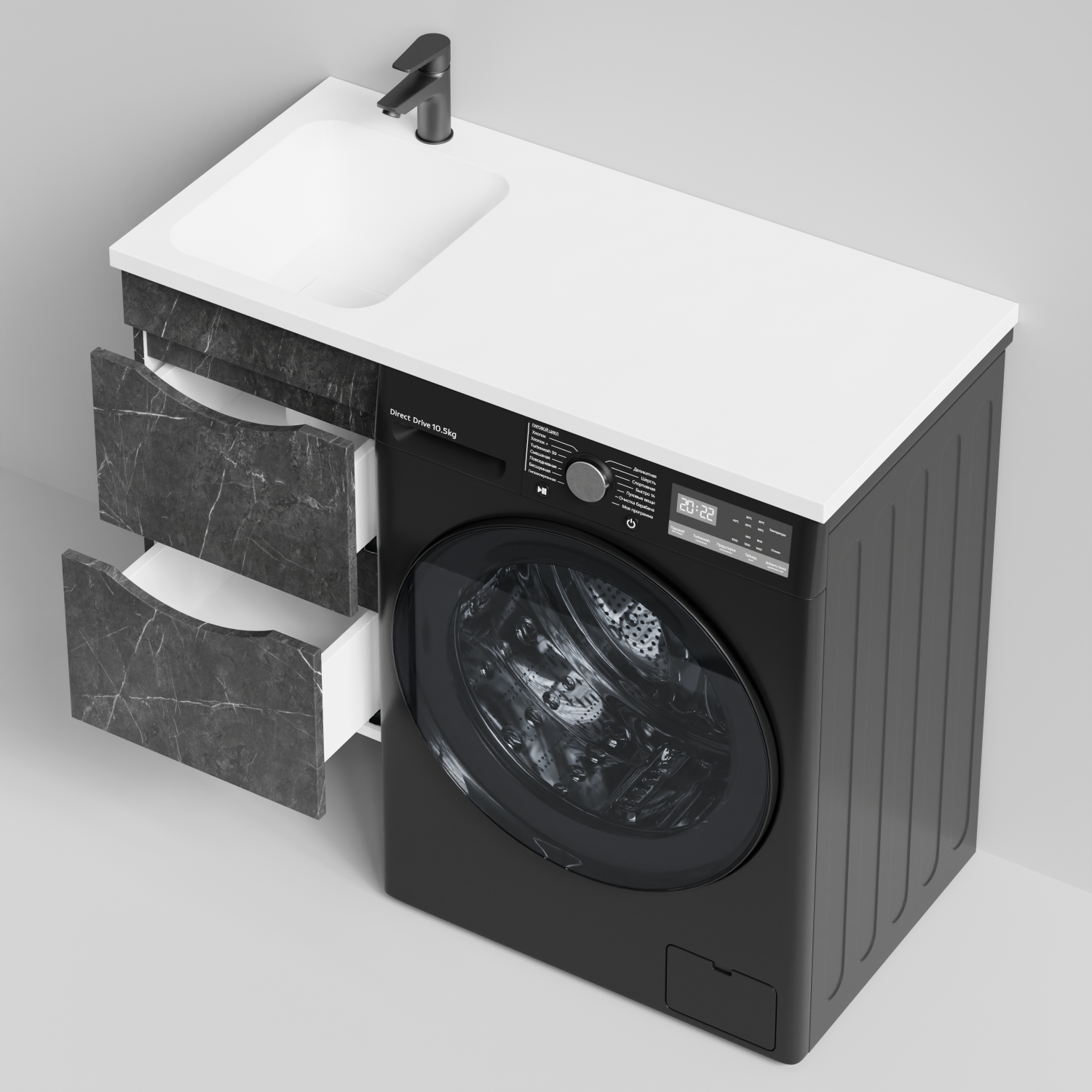 Тумба Vod-ok 38 с раковиной Смайл 100 подвесная, под стиральную машину, левая, Мрамор Графит софт тач