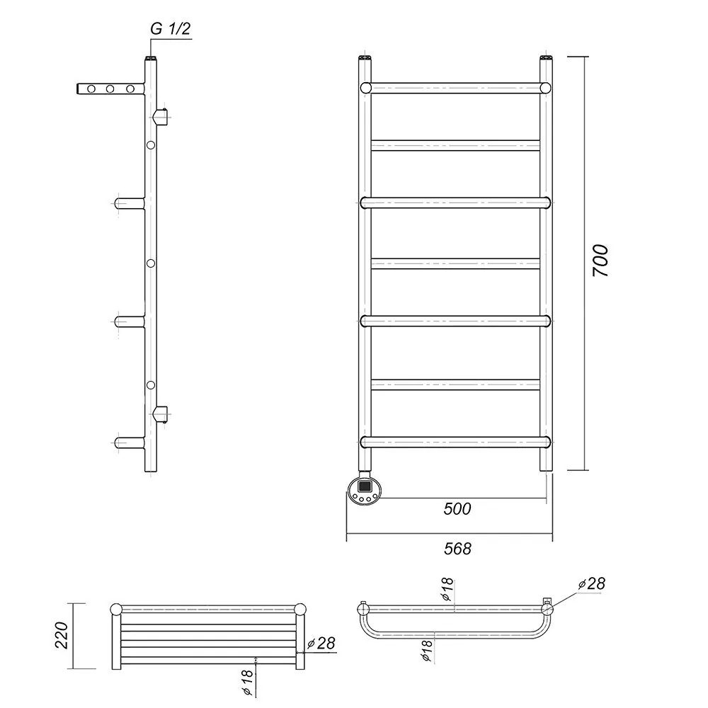 Полотенцесушитель электрический Domoterm Орфей с полкой П7 500x700 АБР EL, левый, античная бронза