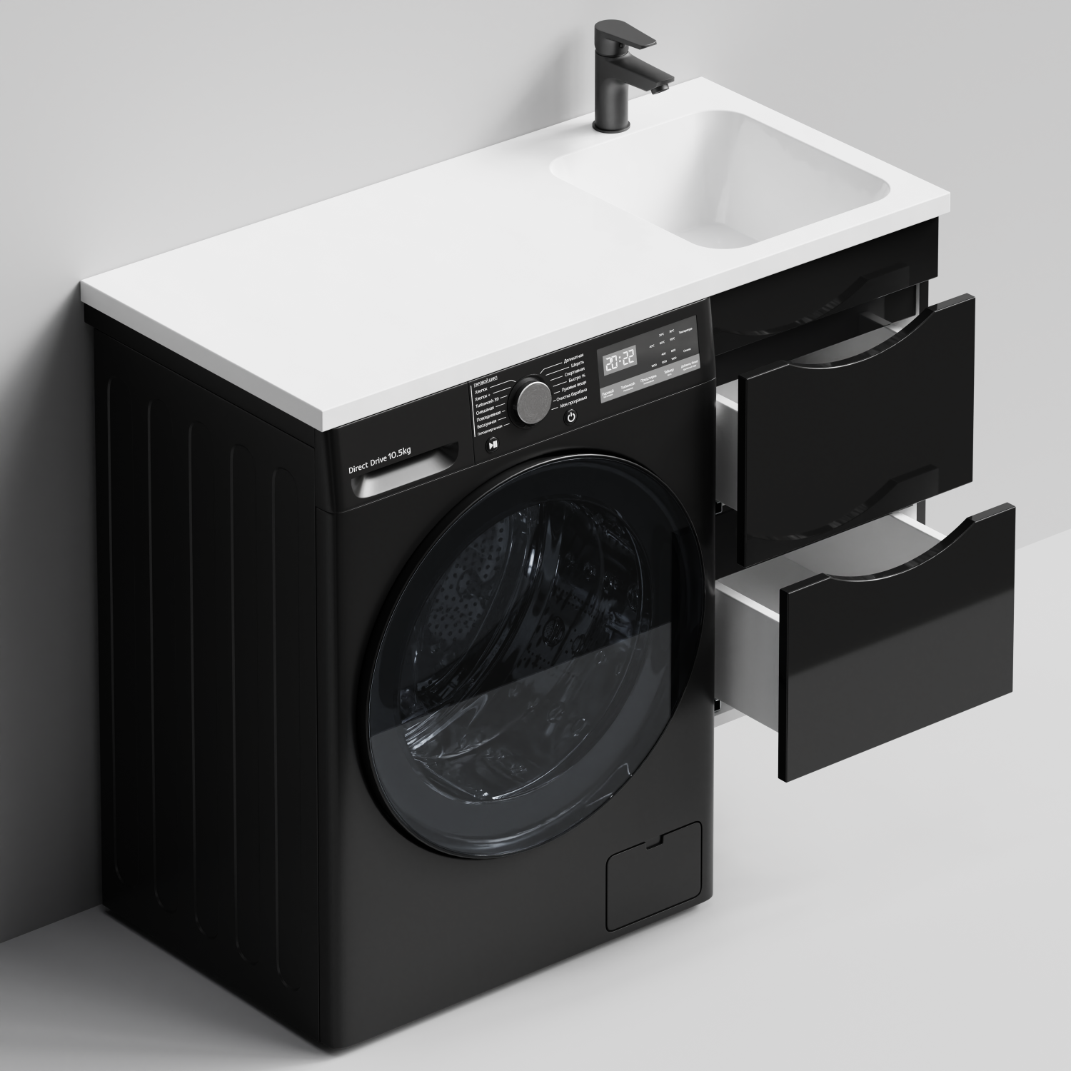 Тумба Vod-ok 38 с раковиной Смайл 100 подвесная, под стиральную машину, правая, черный глянец