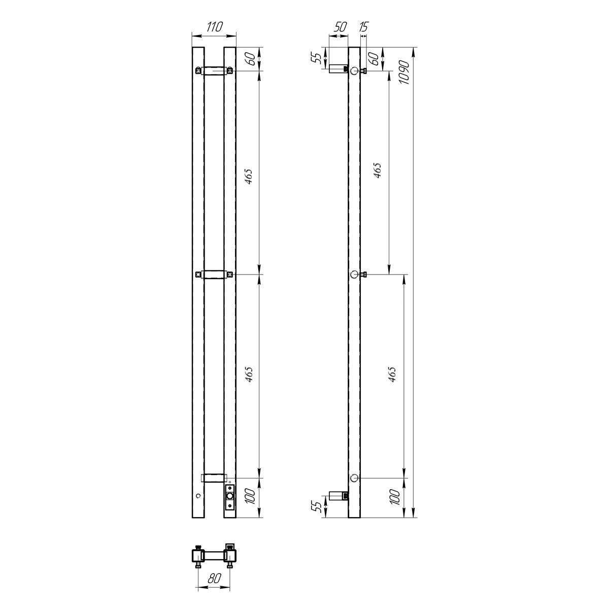 Полотенцесушитель электрический APEXTERMO Sirius SR10111BM 1100x80 с крючками, черный матовый