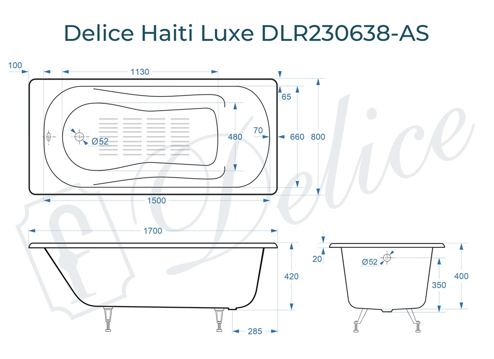 Ванна чугунная Delice Haiti Luxe 170х80 DLR230638-AS с антискользящим покрытием