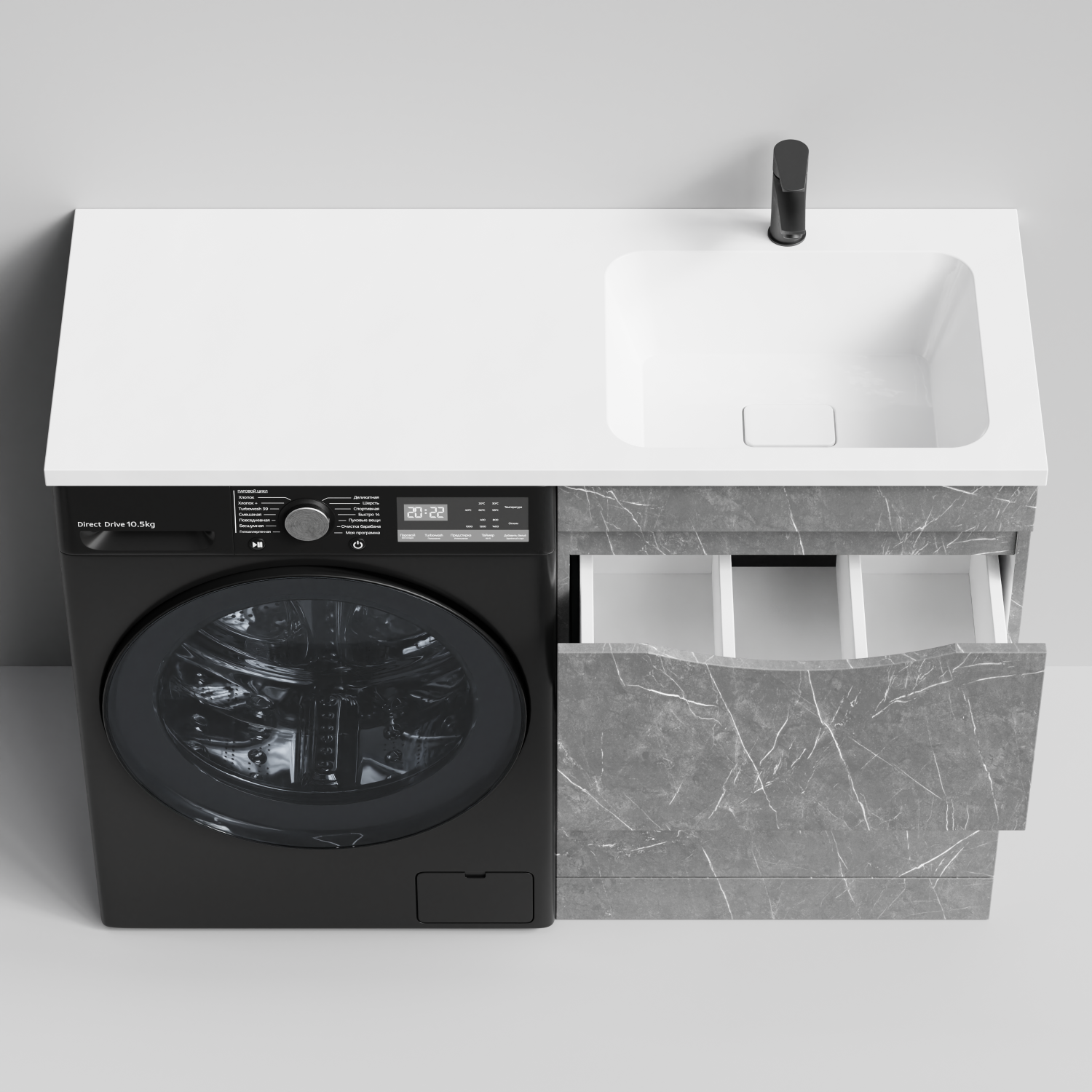 Тумба Vod-ok 58 с раковиной Смайл 120 напольная, под стиральную машину, правая, Мрамор Серый софт тач