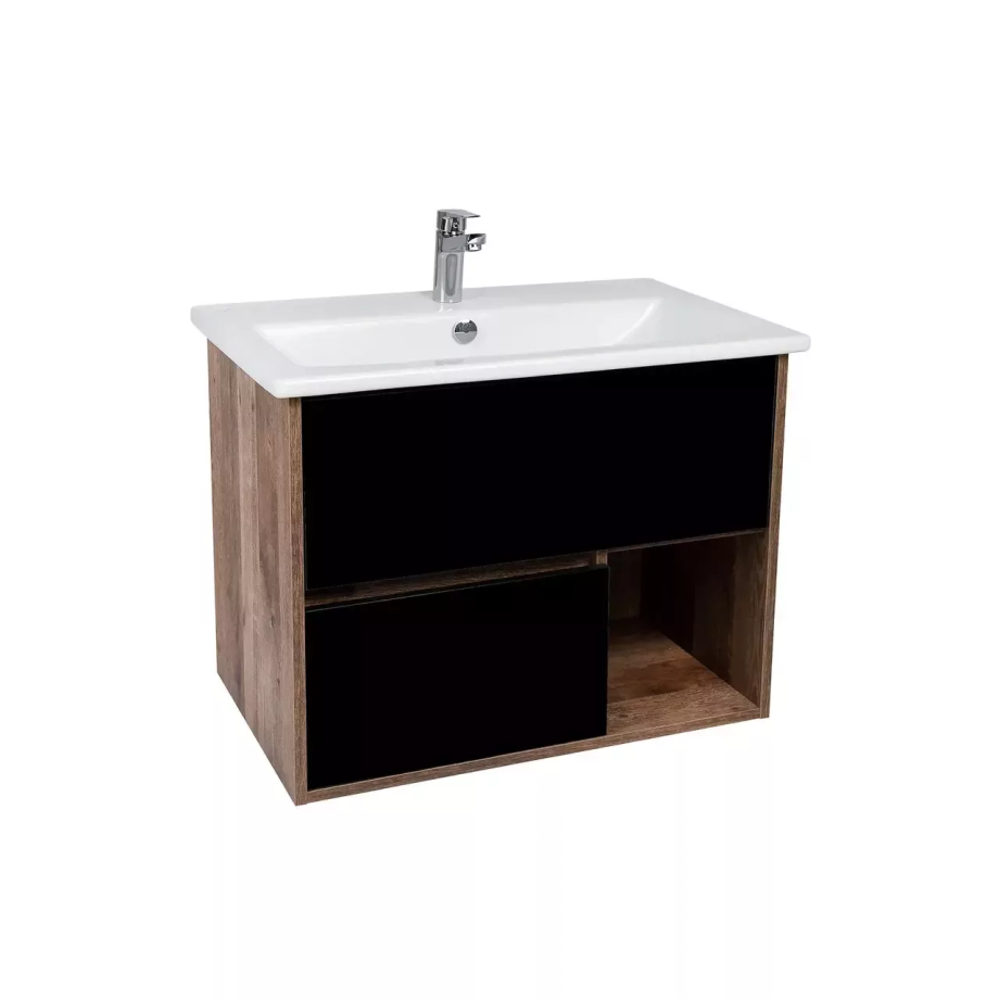 Тумба подвесная Viant Люксембург 75 с раковиной Элина 75, два ящика, черный/темное дерево