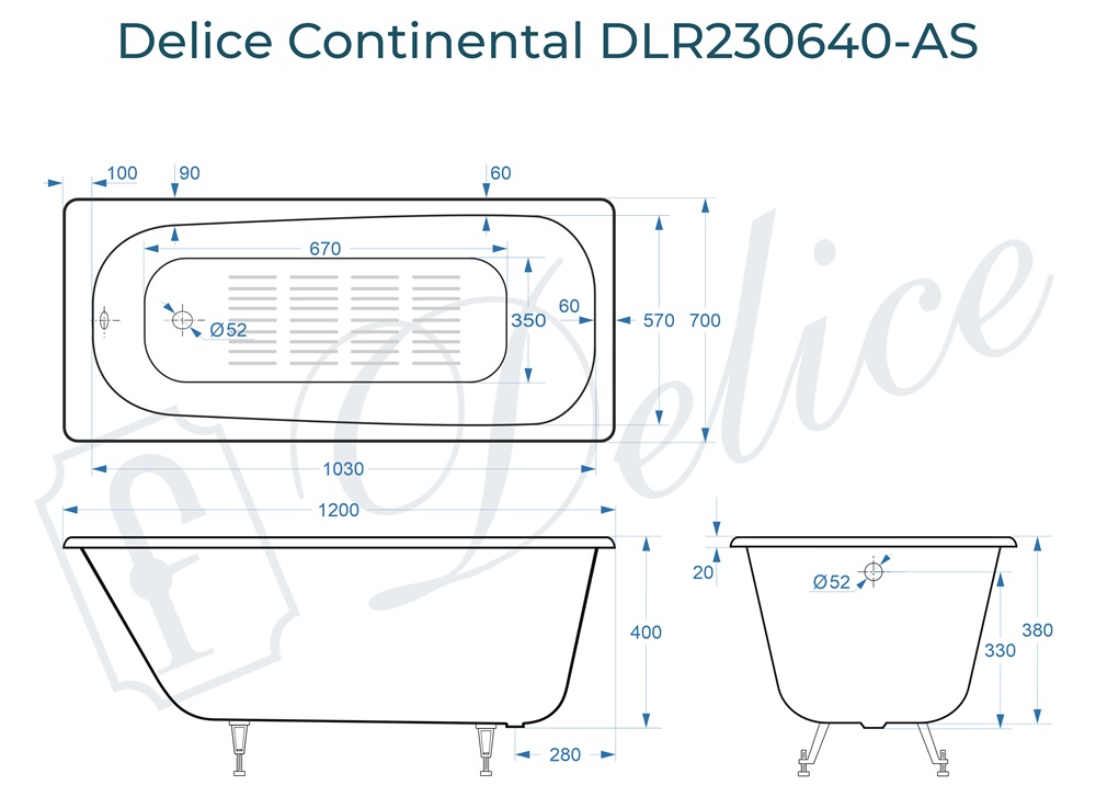 Ванна чугунная Delice Continental 120х70 DLR230640-AS с антискользящим покрытием