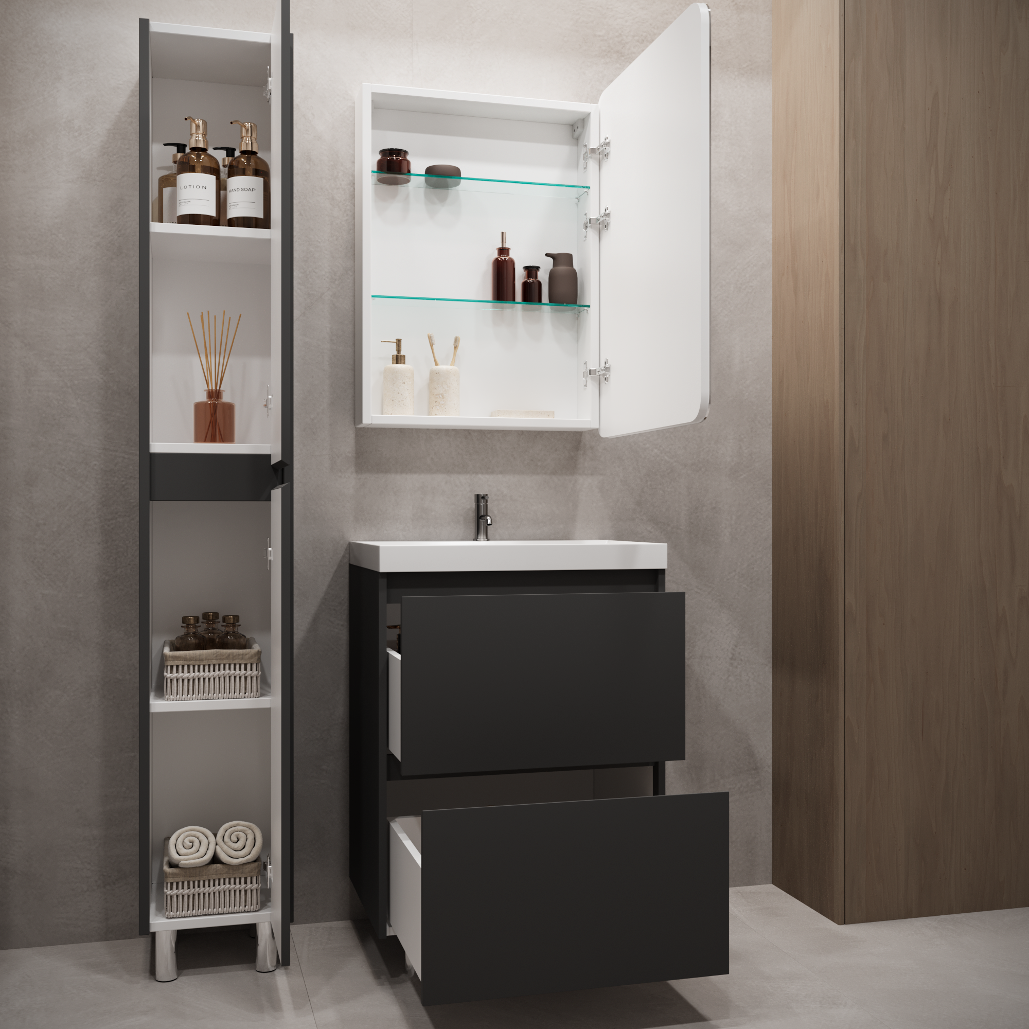 Тумба с раковиной Stella Polar Борнео 60, 2 ящ., Люкс, напольная, графит матовый