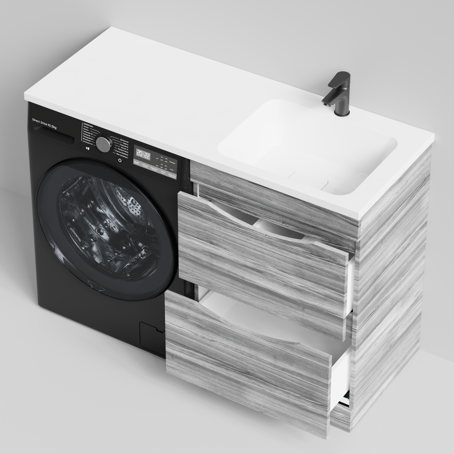 Тумба Vod-ok 58 с раковиной Смайл 120 напольная, под стиральную машину, правая, Лиственница структурная контрастно-серая