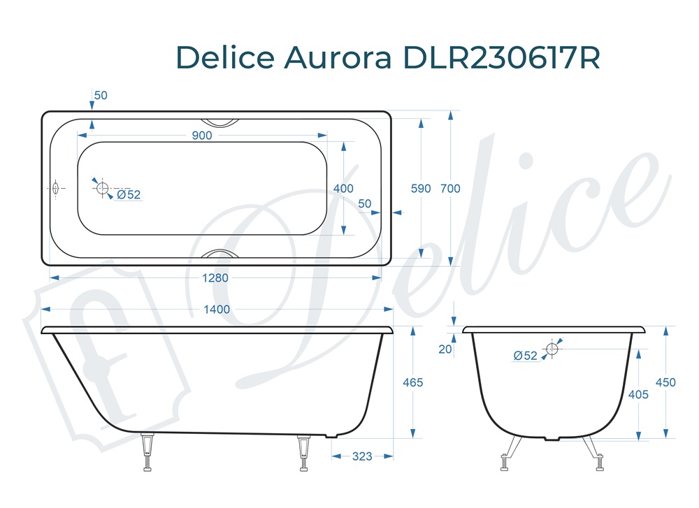 Ванна чугунная Delice Aurora 140х70 DLR230617R с отверстиями под ручки