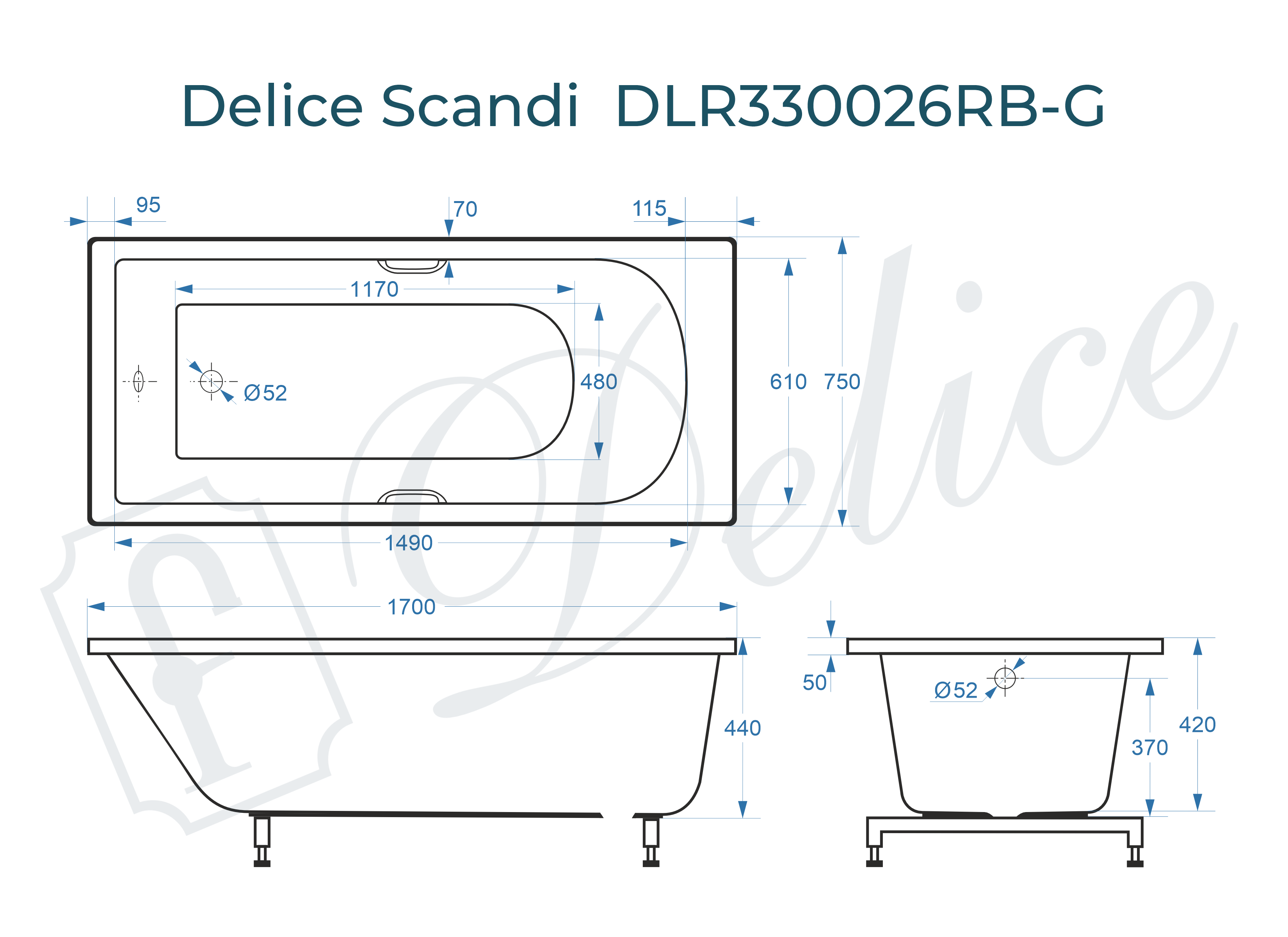 Ванна из литьевого мрамора Delice Scandi 170х75 глянцевая с черными ручками DLR330026RB-G