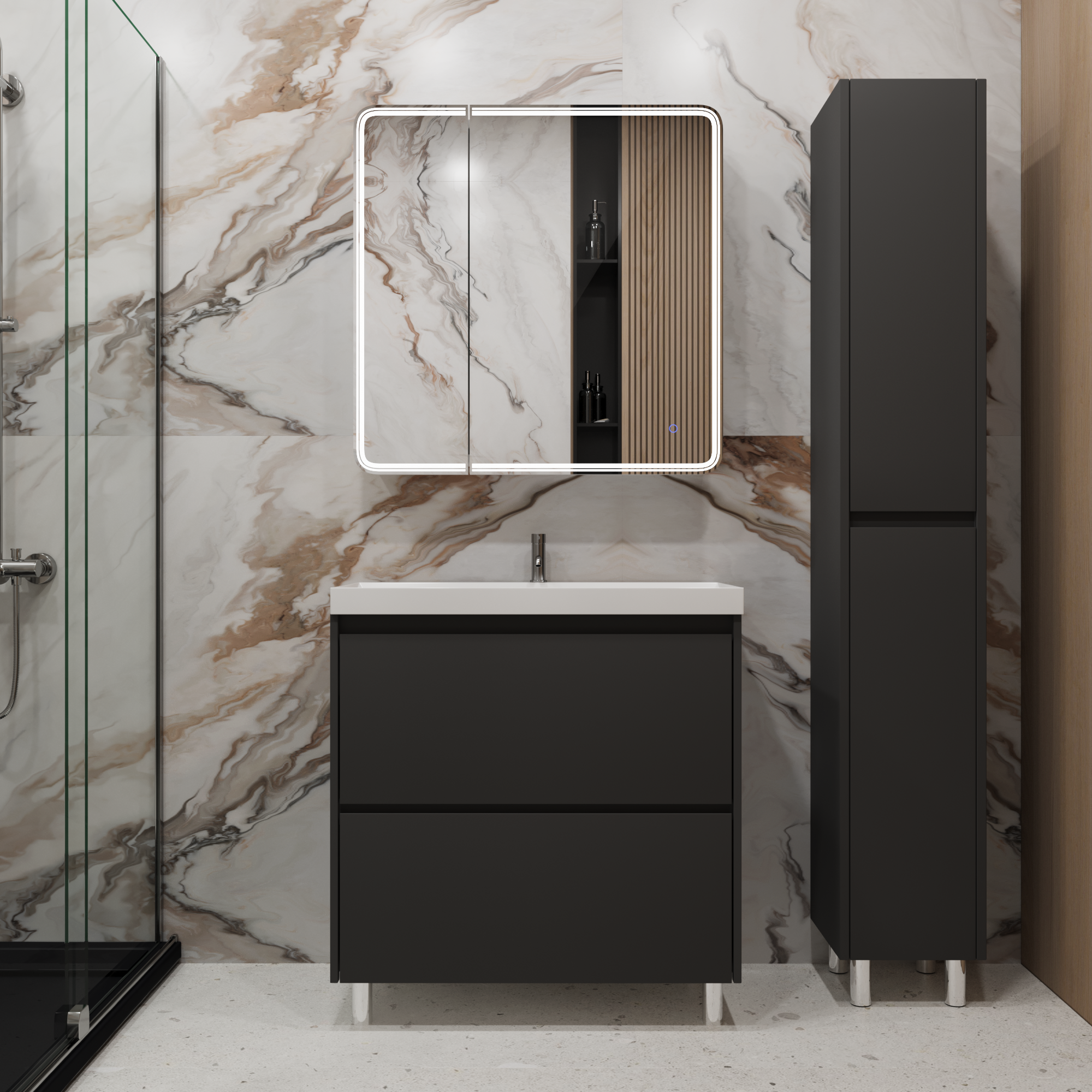 Тумба с раковиной Stella Polar Борнео 80, 2 ящ., Люкс, напольная, графит матовый