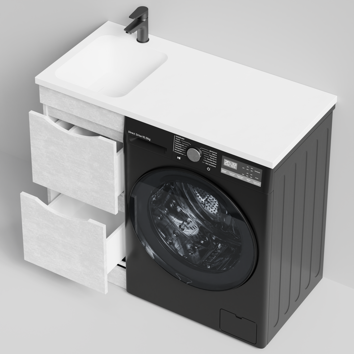 Тумба Vod-ok 38 с раковиной Смайл 100 напольная, под стиральную машину, левая, Белый камень