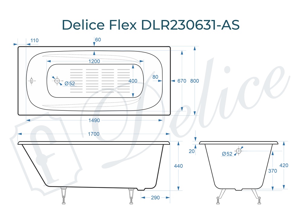 Ванна чугунная Delice Flex 170х80 DLR230631-AS с антискользящим покрытием