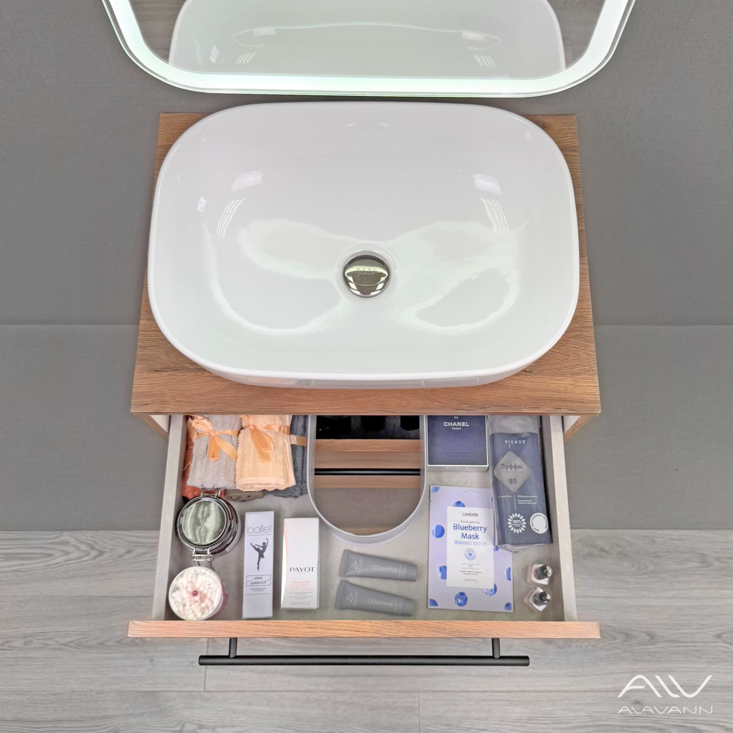 Тумба подвесная Alavann Rondo 60 с раковиной Moduo 50 SQUARE, дуб