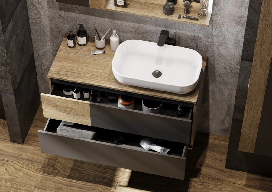 Тумба подвесная Aquaton Терра 105 с раковиной Лола 60, дуб кантри, антрацит, графит