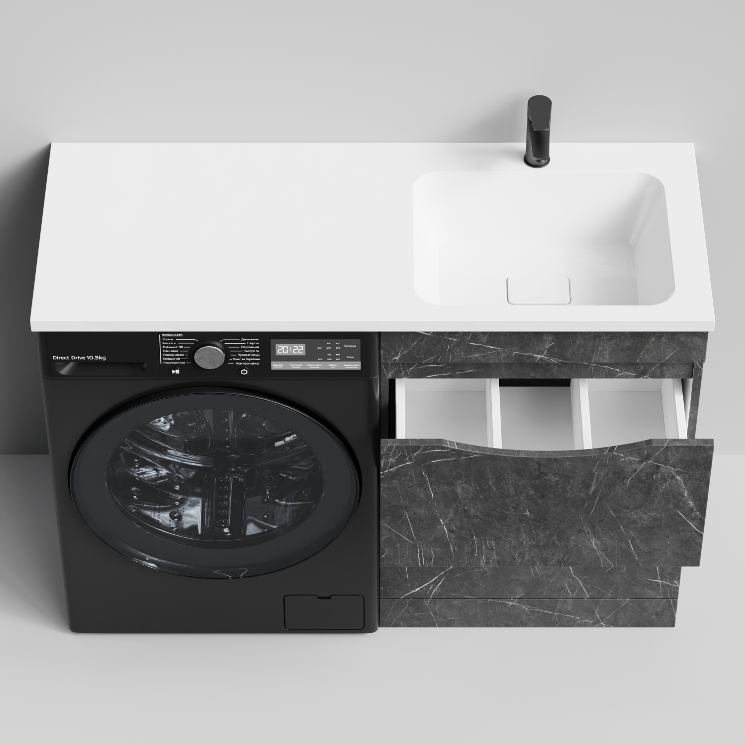 Тумба Vod-ok 58 с раковиной Смайл 120 напольная, под стиральную машину, правая, Мрамор Графит софт тач