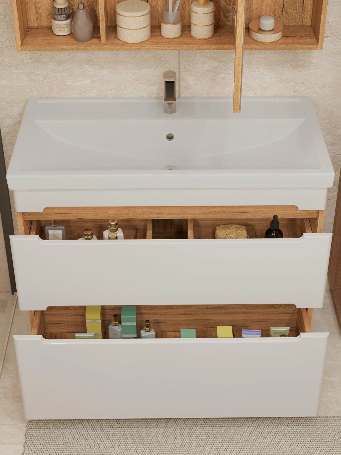 Тумба напольная SanStar Diva 100 с раковиной Фостер 100 белая, дуб вотан