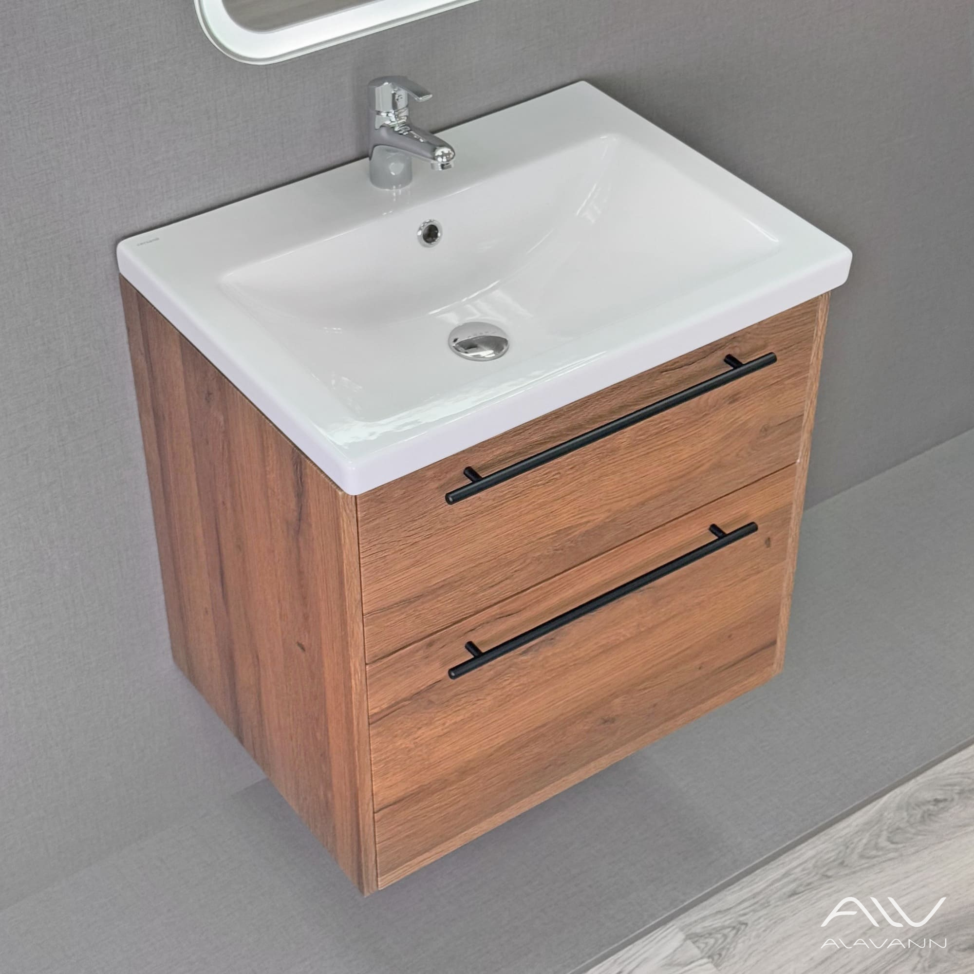 Тумба подвесная Alavann Rondo 60 с раковиной Como 60, дуб