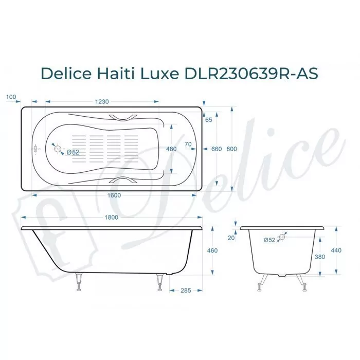 Ванна чугунная Delice Haiti Luxe 180х80 DLR230639R-AS прямоугольная, с отверстиями под ручки и антискользящим покрытием