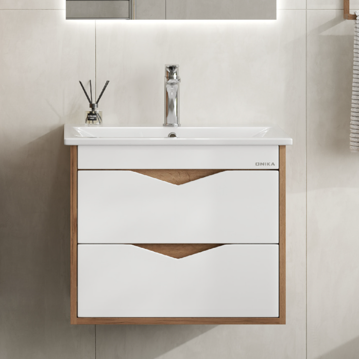 Тумба Onika Трианта 60 подвесная с раковиной Бриз 60, белая/дуб крафт золотой