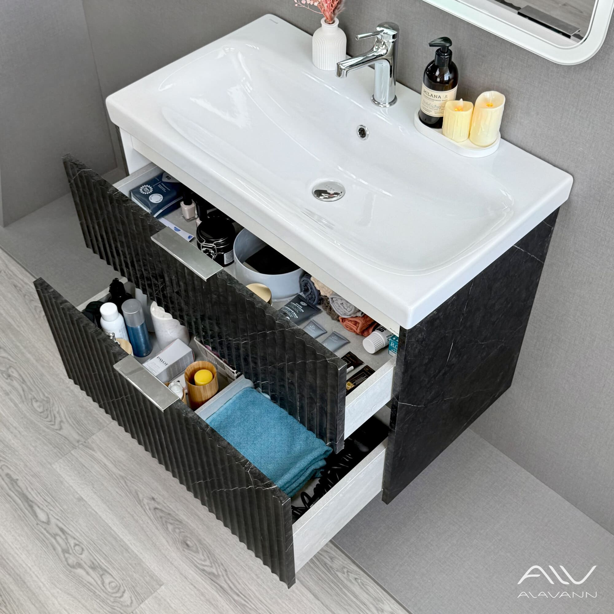 Тумба подвесная Alavann Anna 80 с раковиной Moduo 80, черный мрамор