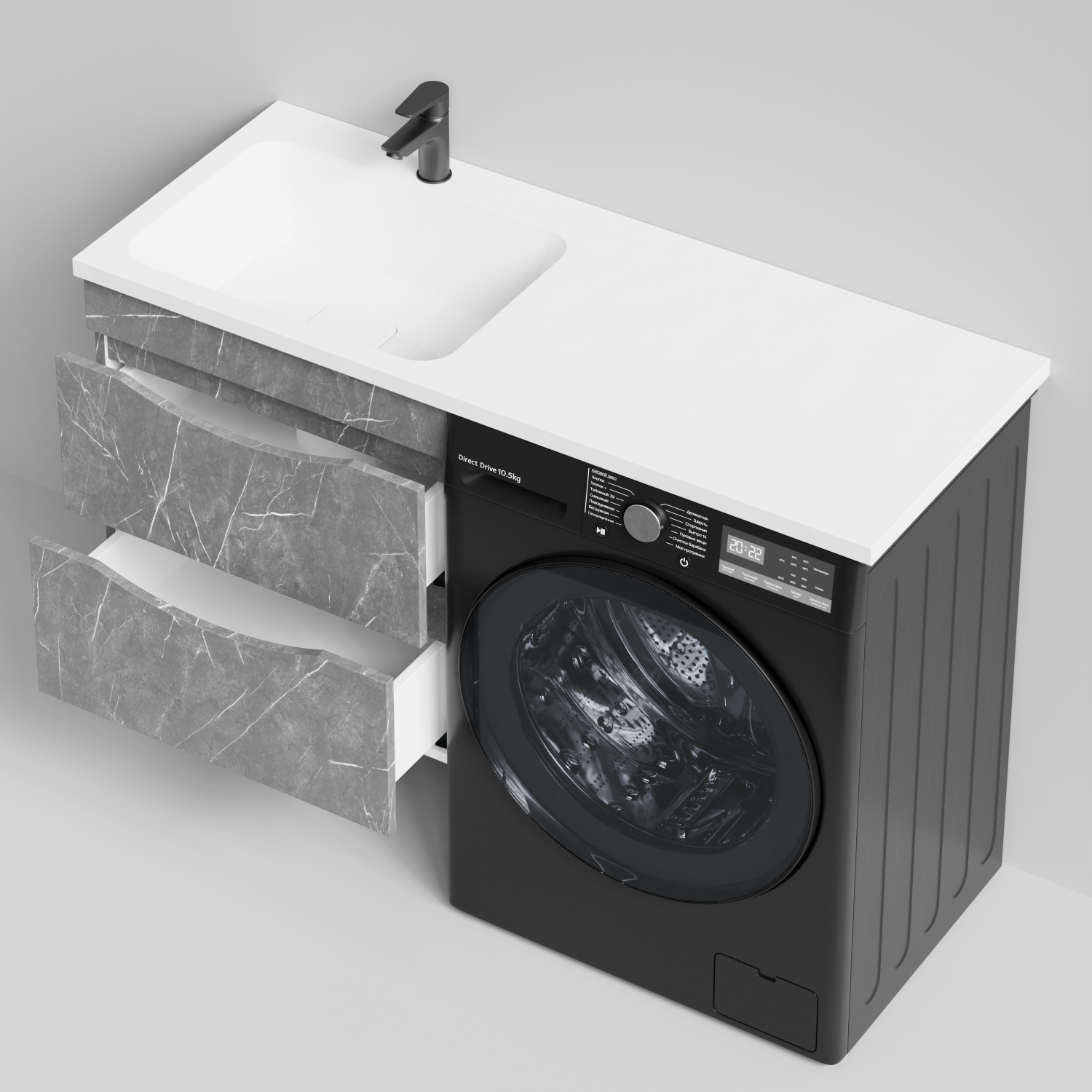 Тумба Vod-ok 58 с раковиной Смайл 120 подвесная, под стиральную машину, левая, Мрамор Серый софт тач