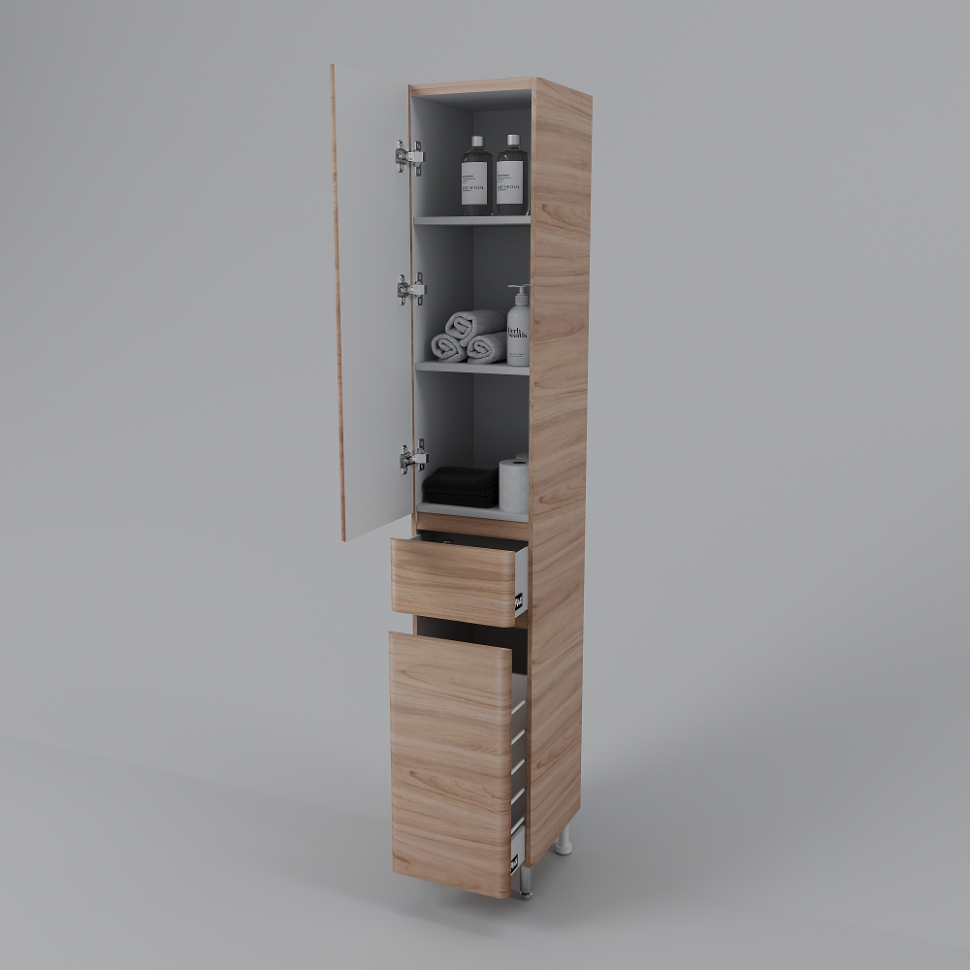 Пенал Style Line Атлантика 35 L Plus Люкс напольный с корзиной, ясень перламутр