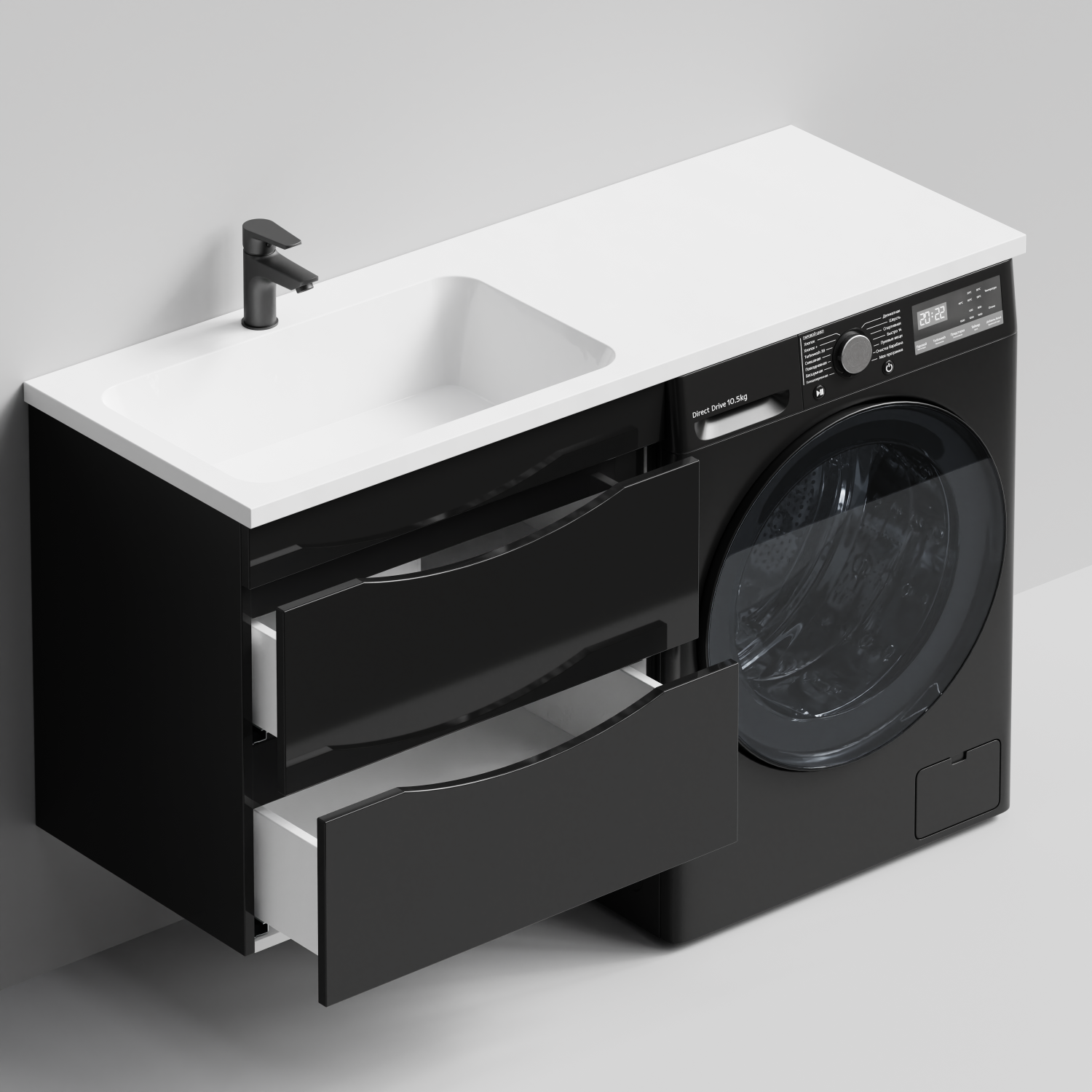 Тумба Vod-ok 68 с раковиной Смайл 130 подвесная, под стиральную машину, левая, черный глянец