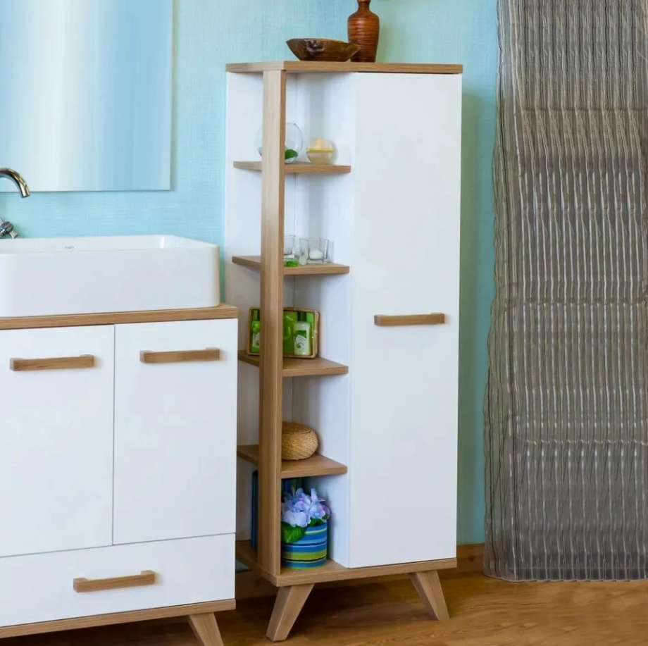 Пенал Sanflor Ингрид 50 R напольный, с открытой полкой, белый матовый, швейцарский вяз