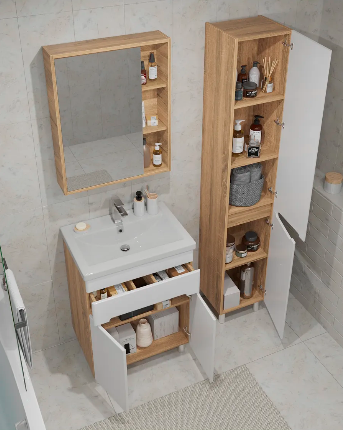 Тумба напольная SanStar Модена 60 с раковиной Фостер 60, белая, дуб вотан