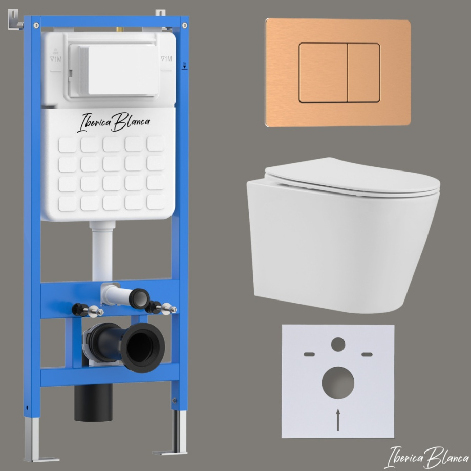Комплект 3в1 IBERICA BLANCA инсталляция SILENCIO, унитаз BURGOS ALTO белый, кнопка смыва INOX-C розовое золото матовое (IB001.BRA.234.1172)