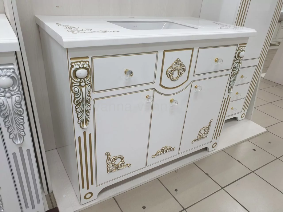 Тумба с раковиной Vod-ok Elite Версаль 105 напольная, белая, патина серебро, золото