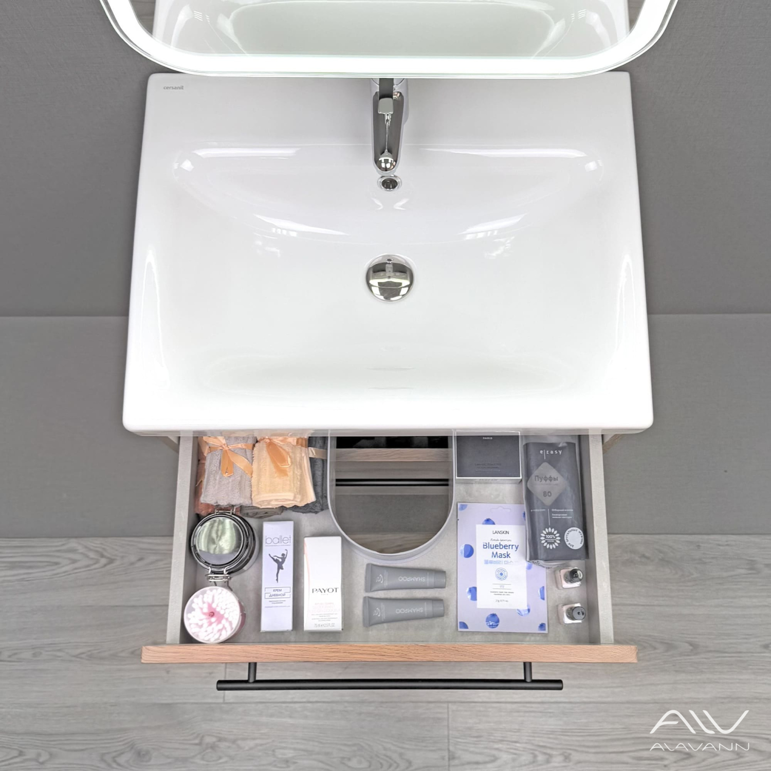 Тумба подвесная Alavann Rondo 60 с раковиной Moduo 60, дуб