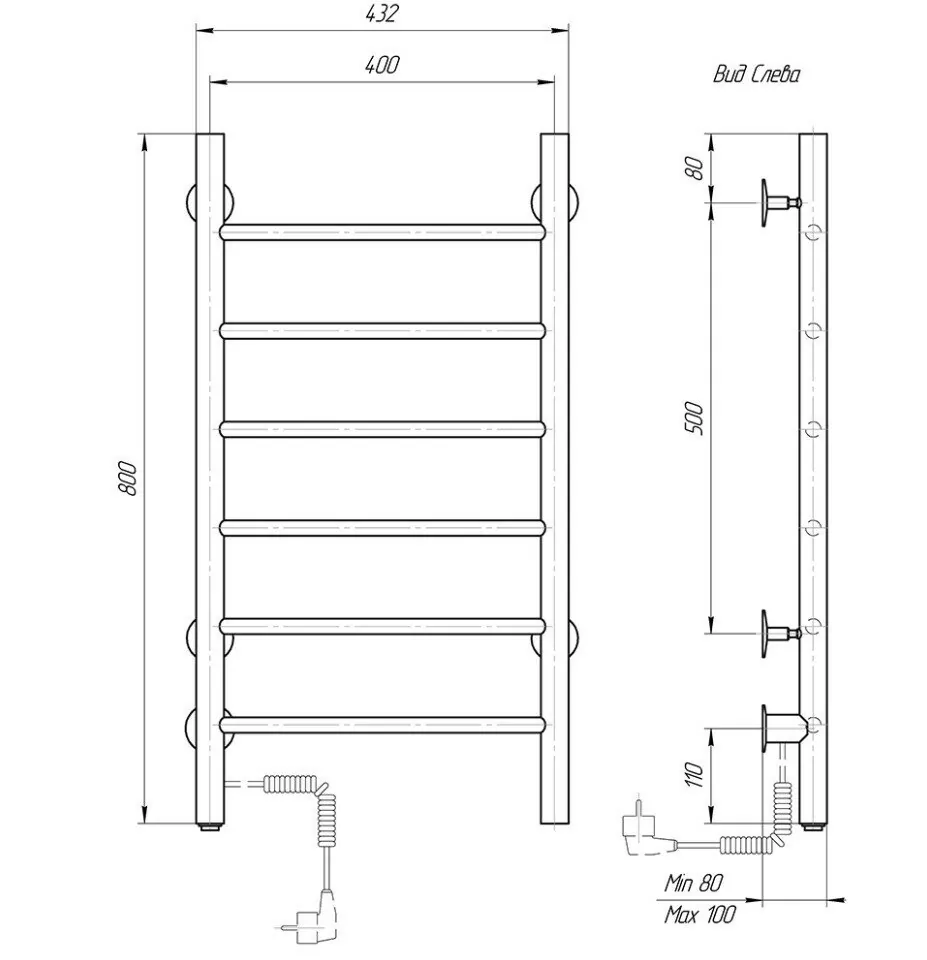 Полотенцесушитель электрический Domoterm Аврора DMT 109-6 40x80 EK L левый, белый матовый