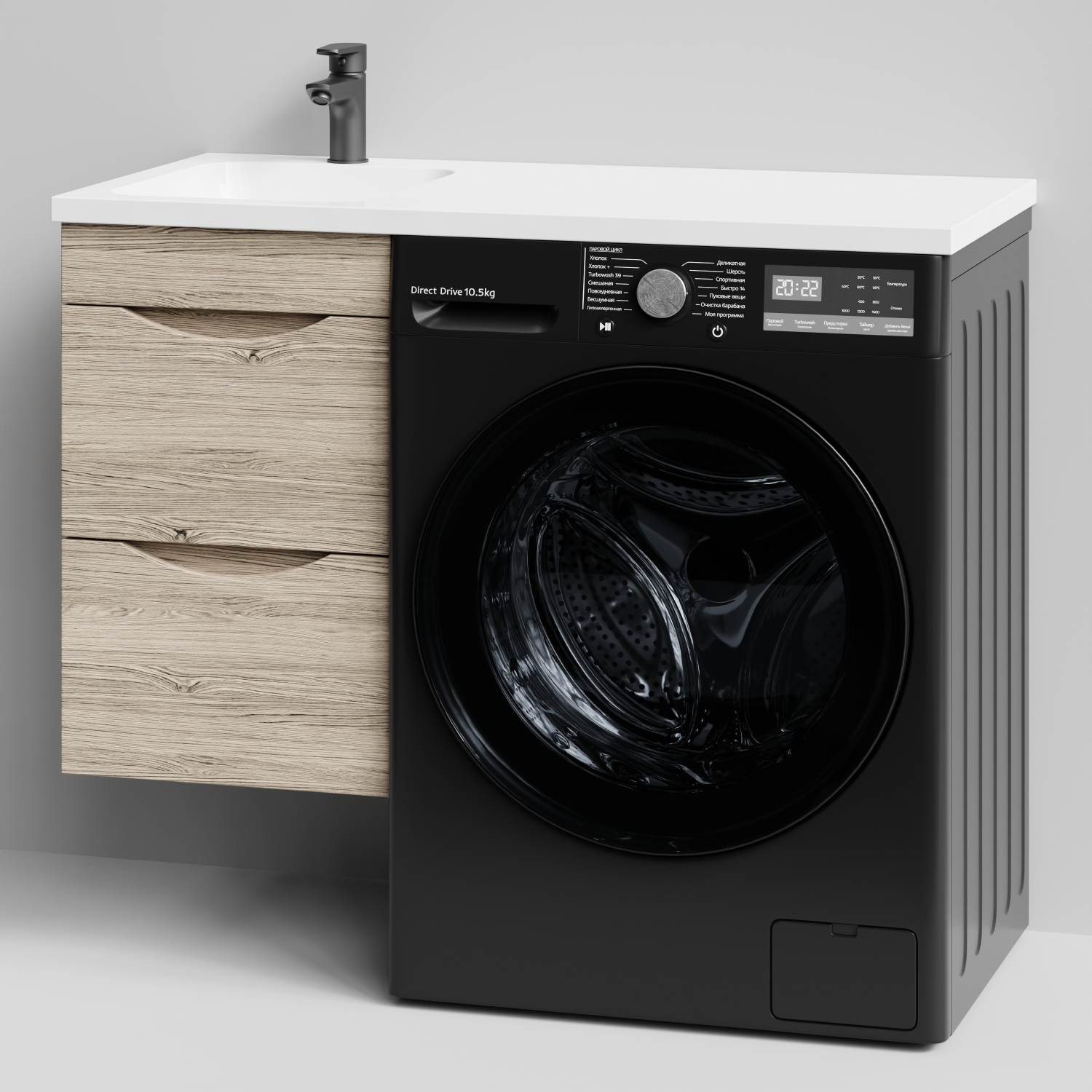 Тумба Vod-ok 38 с раковиной Смайл 100 подвесная, под стиральную машину, левая, Дубослив ореховый светлый