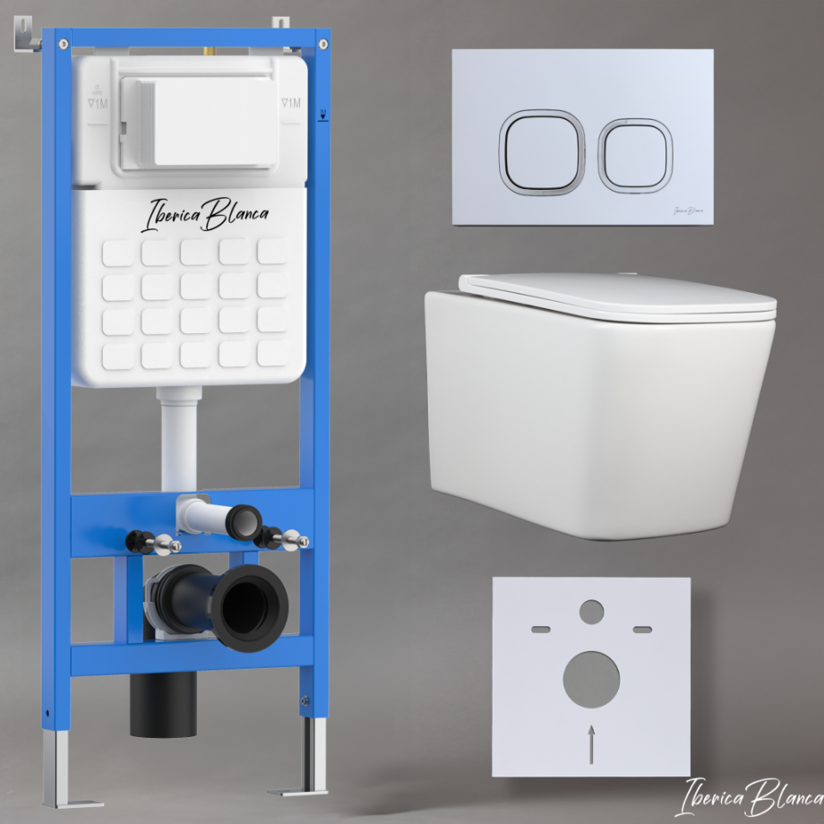 Комплект 3в1 IBERICA BLANCA инсталляция SILENCIO, унитаз TOLEDO ALTO белый, кнопка смыва ESTI-Q хром матовый (IB001.TLA.234.834)